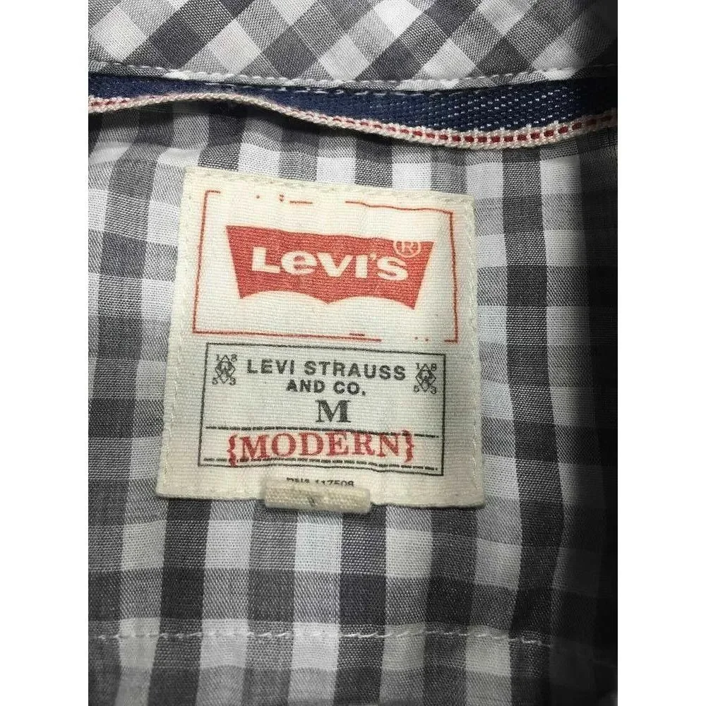 Levis Western Pearl‎ Snap Shirt M Modern Gray White Plaid Cowboy Mens